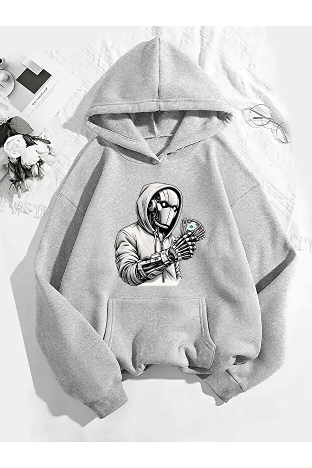 سويت شيرت رمادي بقلنسوة مطبوع عليه روبوت - 1