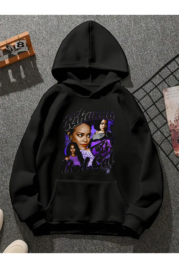 Rihanna V7 Printed Hooded Black Sweatshirt