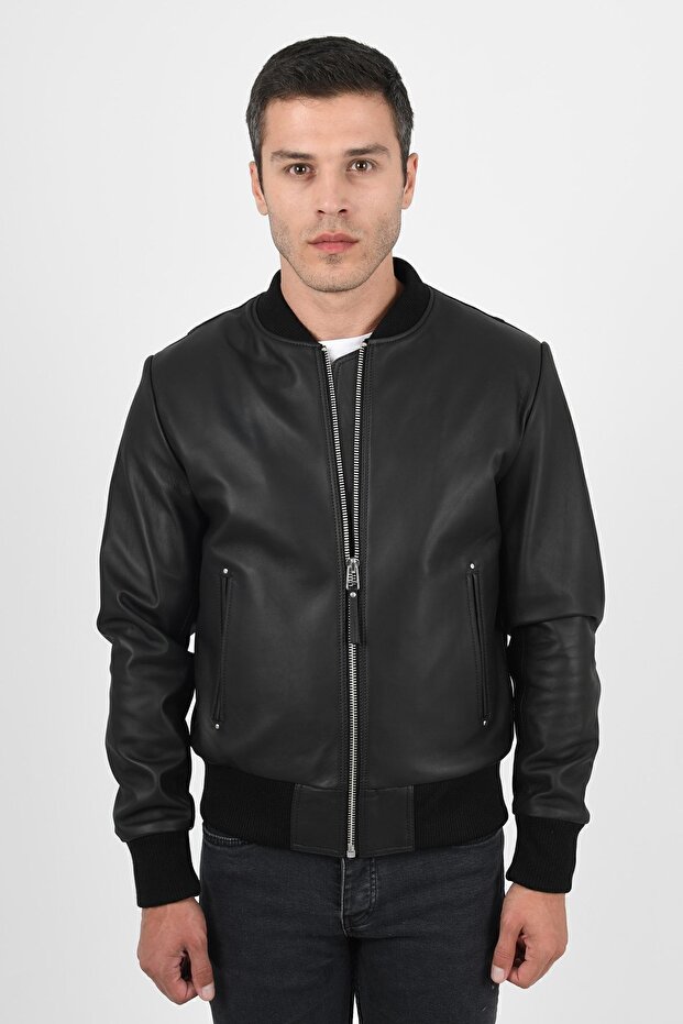 College Men's Black Varsity Genuine Leather Coat