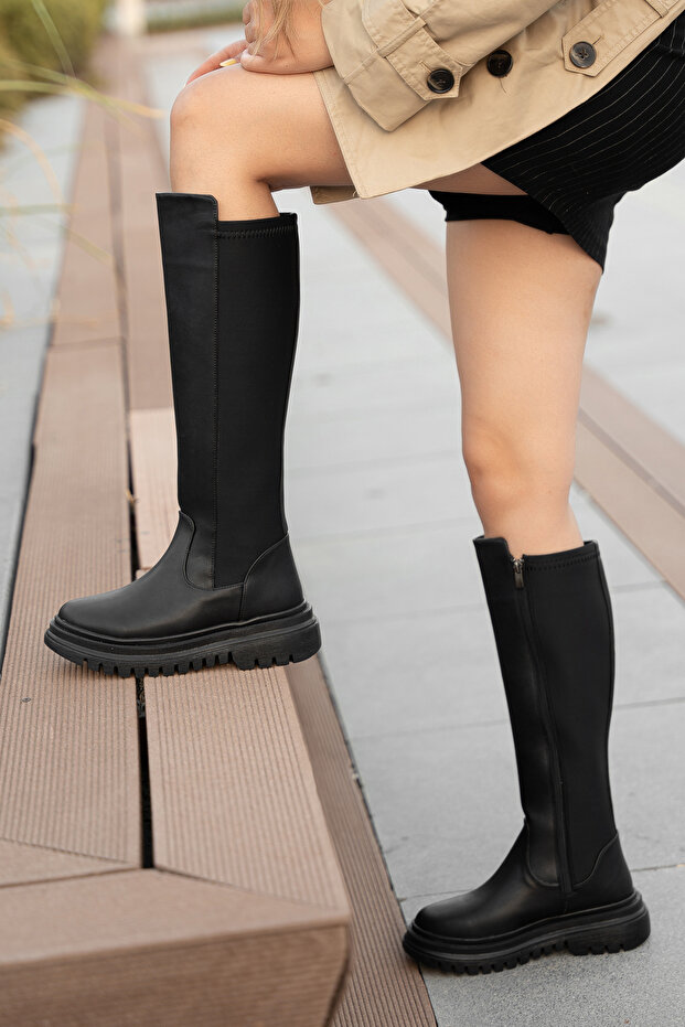 Női fekete bőrcsizma, cipzáras, térd alatti, alkalmi csizma, sztreccs részletekkel - 5