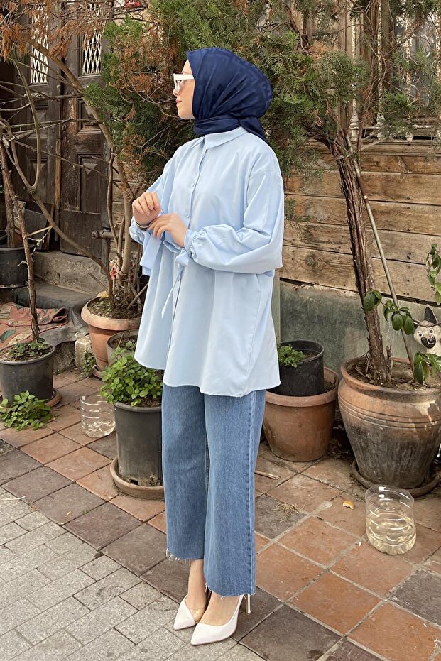 Sleeve Detailed Shirt Oversize Shirt Baby Blue