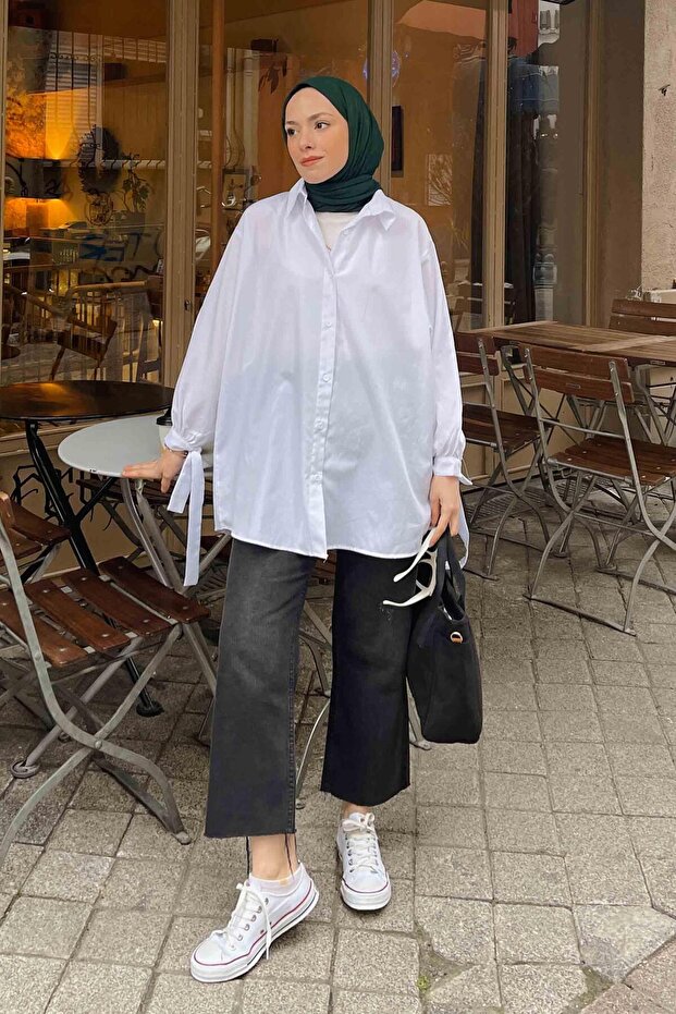 Kol Detaylı Gömlek Oversize Gömlek Beyaz - 1