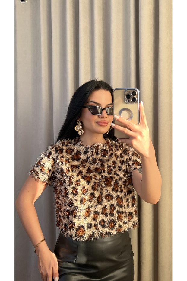 Leopar saçak pullu bluz - 2