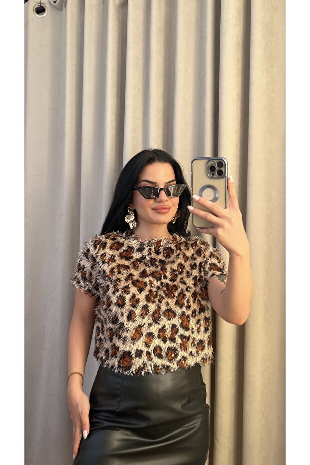 Leopar saçak pullu bluz - 3