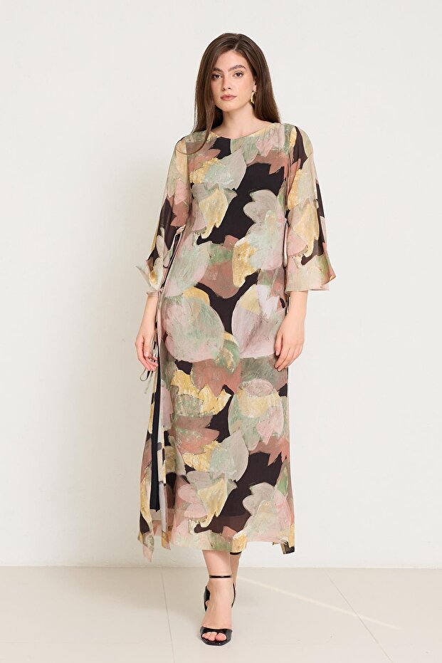 Siyah-Sarı Yandan Bağlama Detaylı Uzun Kollu Desenli Elbise - 1