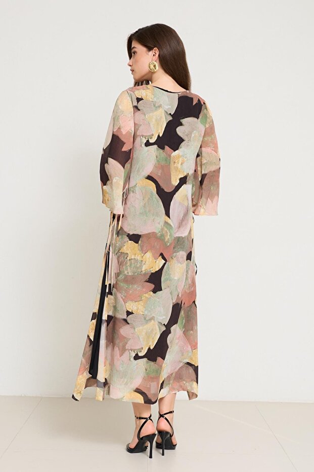 Siyah-Sarı Yandan Bağlama Detaylı Uzun Kollu Desenli Elbise - 5