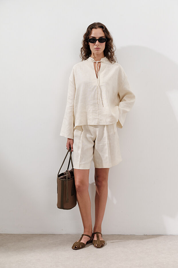 KETEN PİLELİ BERMUDA ŞORT VANİLYA - 2