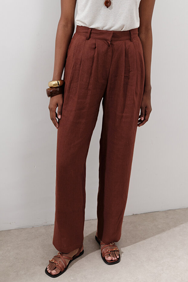 KETEN PİLELİ GENİŞ PANTOLON BAKIR - 5