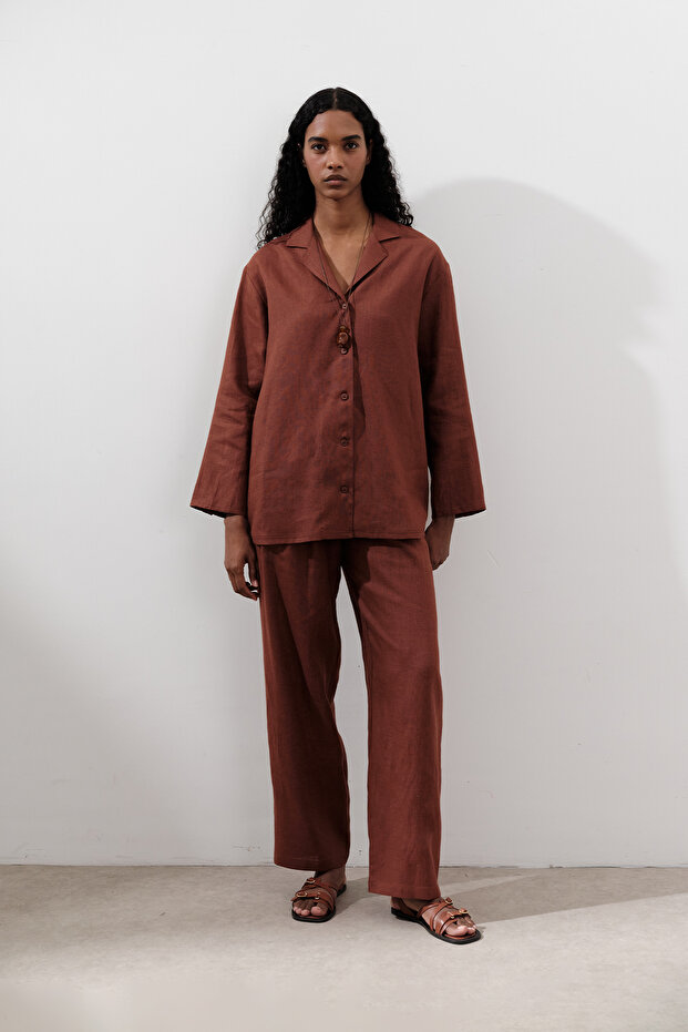 KETEN PİLELİ GENİŞ PANTOLON BAKIR - 6