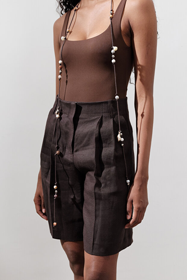 KETEN PİLELİ BERMUDA ŞORT ACI KAHVE - 5