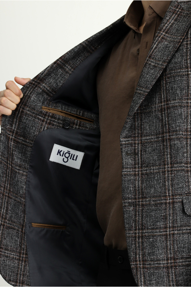 6 Drop Regular Fit Standard Cut Wool Plaid Jacket - 6