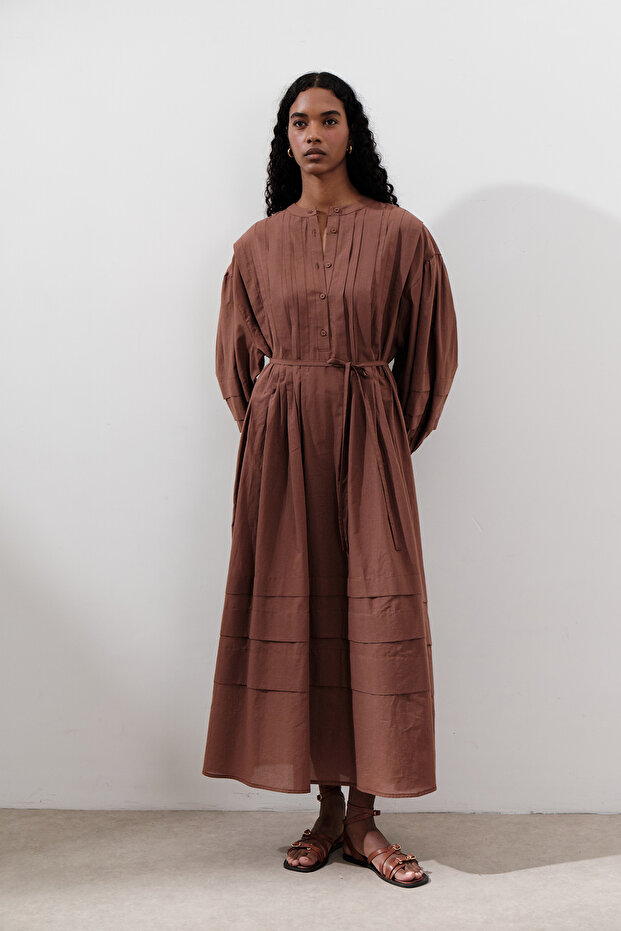 NERVÜRLÜ GENİŞ ELBİSE SICAK KAHVE - 2