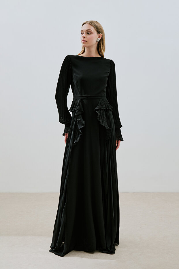 KATLI PİLİSELİ ELBİSE SİYAH - 2