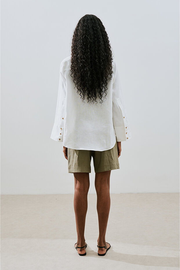 KETEN GENİŞ MANŞETLİ GÖMLEK EKRU - 8