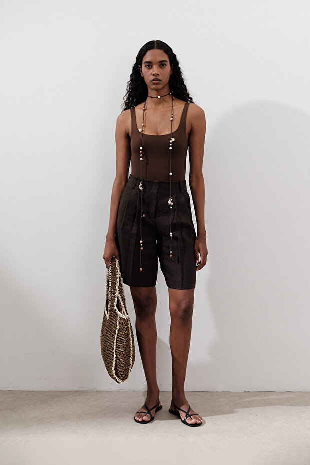 KETEN PİLELİ BERMUDA ŞORT ACI KAHVE - 3