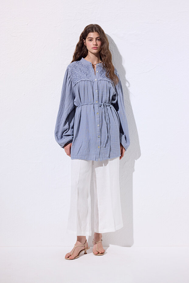 MÜSLİN İŞLEMELİ GÖMLEK MAVİ - 4