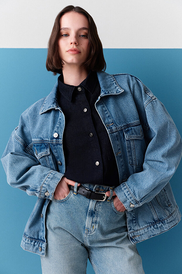 OVERSIZE FORM DENIM CEKET MAVİ - 2