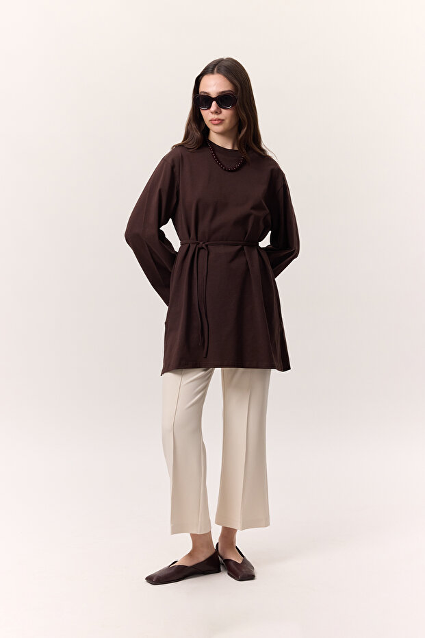 BAĞLAMA DETAYLI OVERSIZE TSHIRT ACI KAHVE - 1