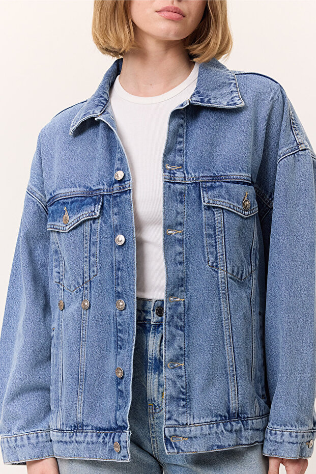 OVERSIZE FORM DENIM CEKET MAVİ - 6