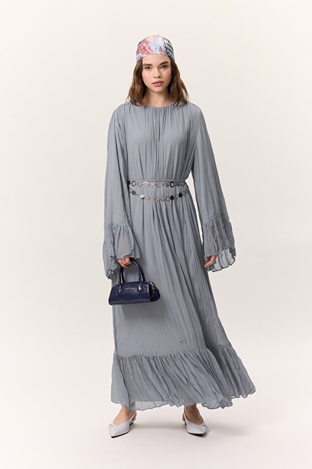 CRUSH PİLİSELİ KATLI UZUN ELBİSE MAVİ - 2