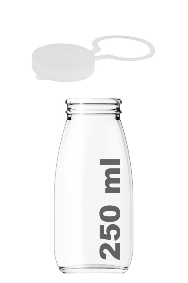 250 ml Transparent Milk, Ayran, Water, Lemonade, Soft Drink Bottle 250 Cc Glass Bottle with Strap Lid 1 Piece