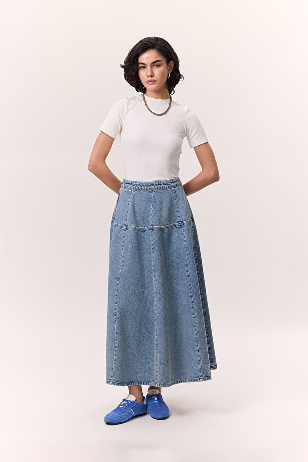 ŠIROKÁ DŽÍNOVÁ SUKNĚ MODRÁ - 5