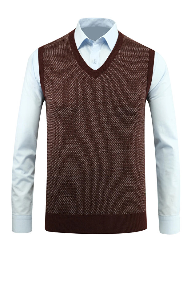 Men's V-Neck Burgundy Sweater Patterned Steel Knit Regular Fit - 5206H