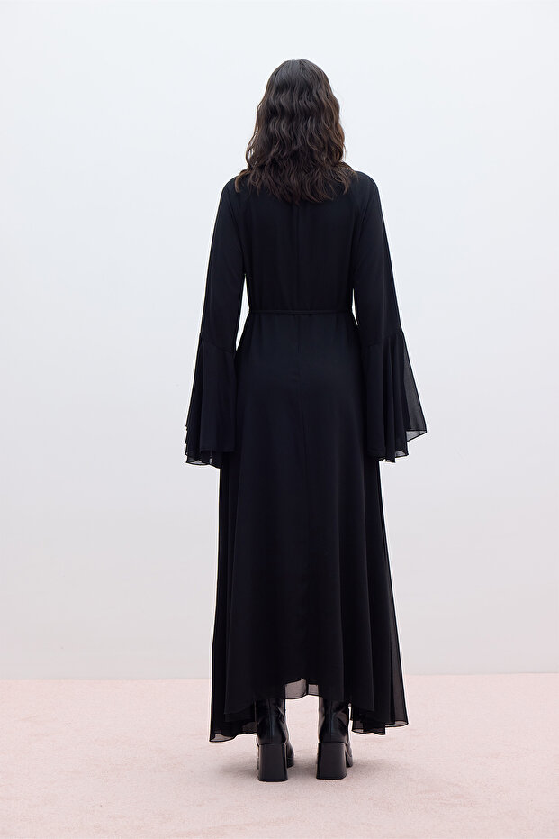 Μαύρο σιφόν φόρεμα Flounced - 7