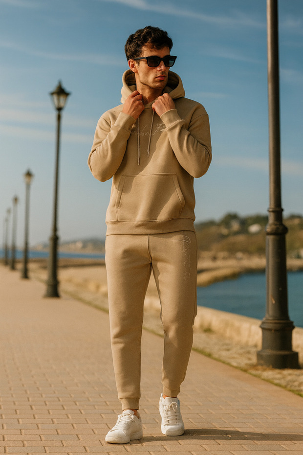 Oversize Vizon Renk Kapüşonlu Eşofman Takımı - 1