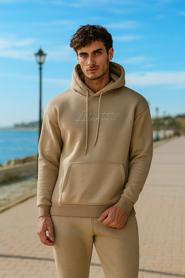 Oversize Vizon Renk Kapüşonlu Eşofman Takımı - 3