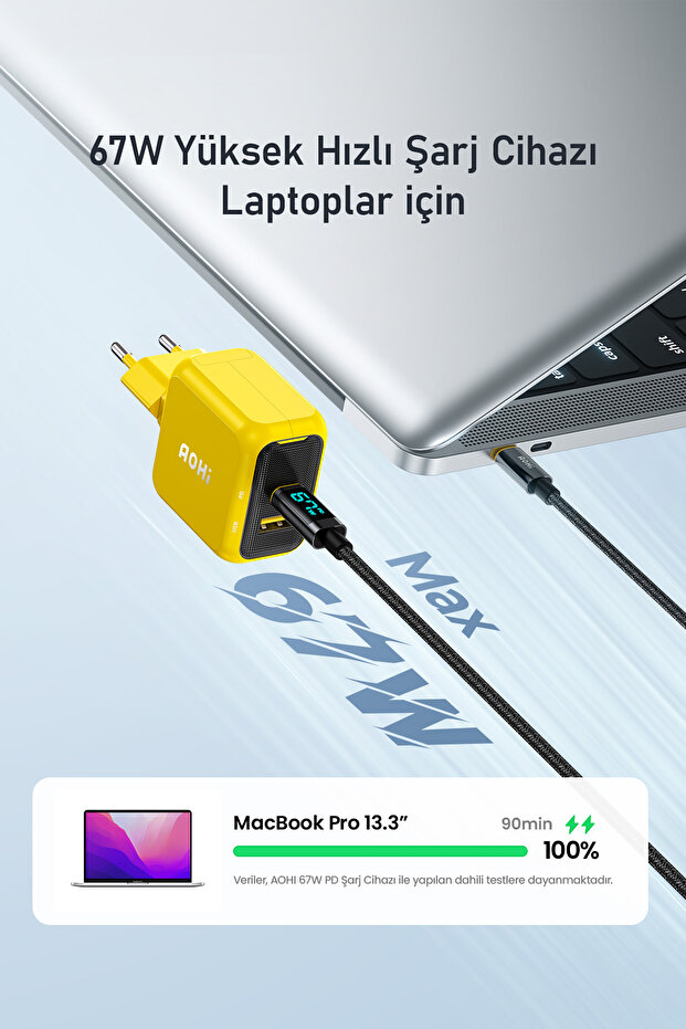 Magcube 2 Portlu Şarj Adaptörü, GaN+ 67W Hızlı Şarj Cihazı, Sarı - 6
