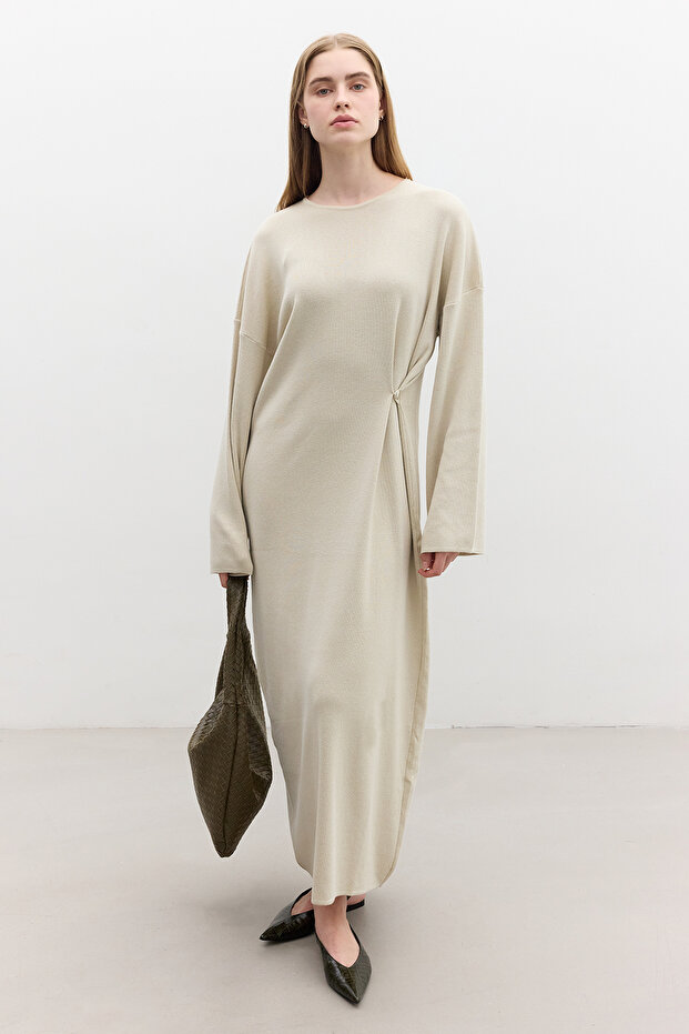 TRİKO BAĞLAMALI ELBİSE BEJ - 2