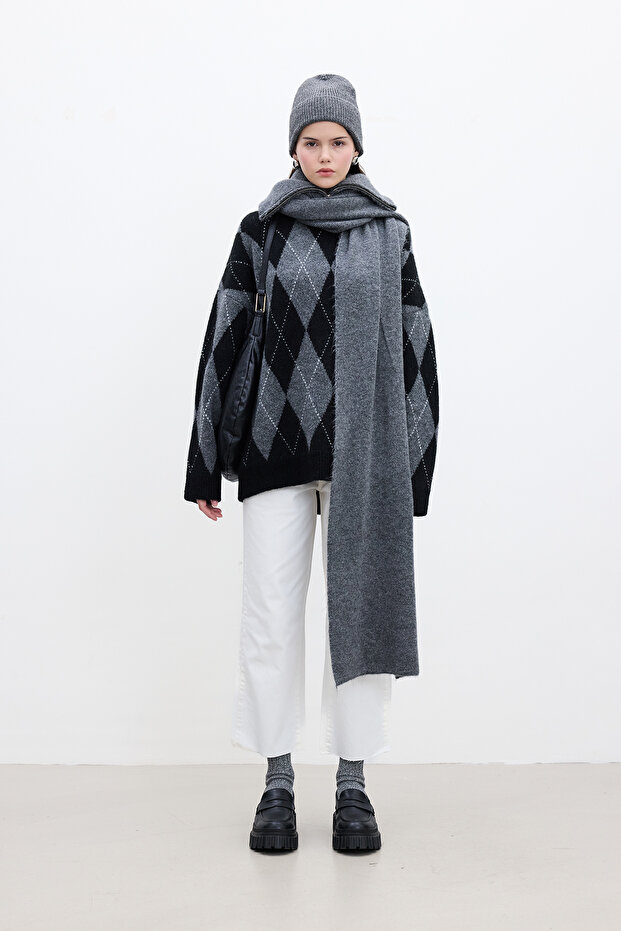 سترة سوداء كبيرة الحجم - نمط الماس - 4