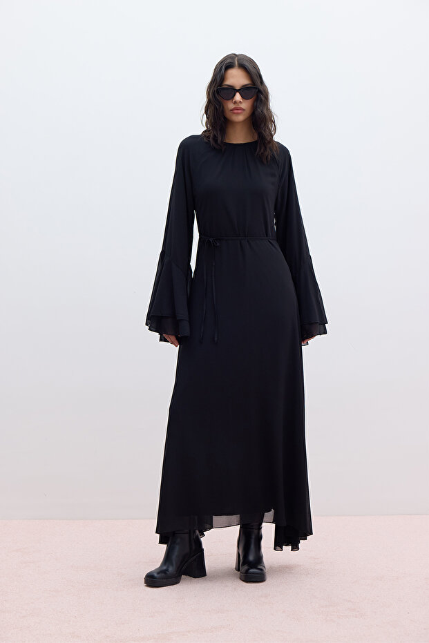 Μαύρο σιφόν φόρεμα Flounced - 5