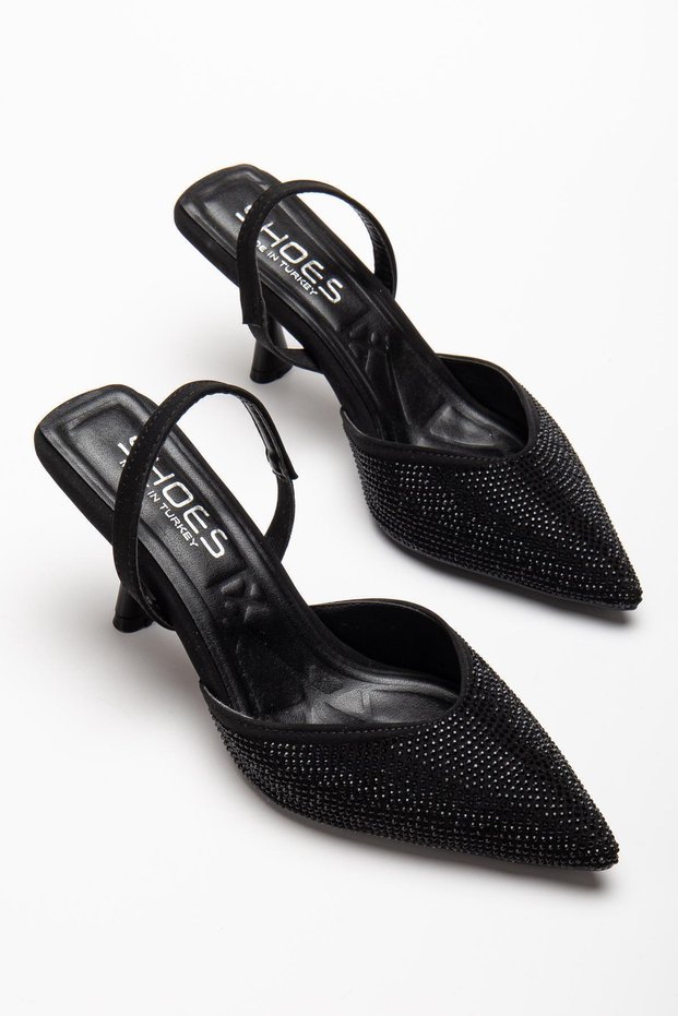 Vela Black Stone Detailed Women's Heeled Evening Dress Shoes