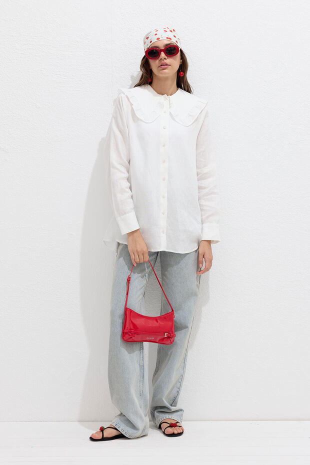 YAKA DETAYLI KETEN GÖMLEK EKRU - 2