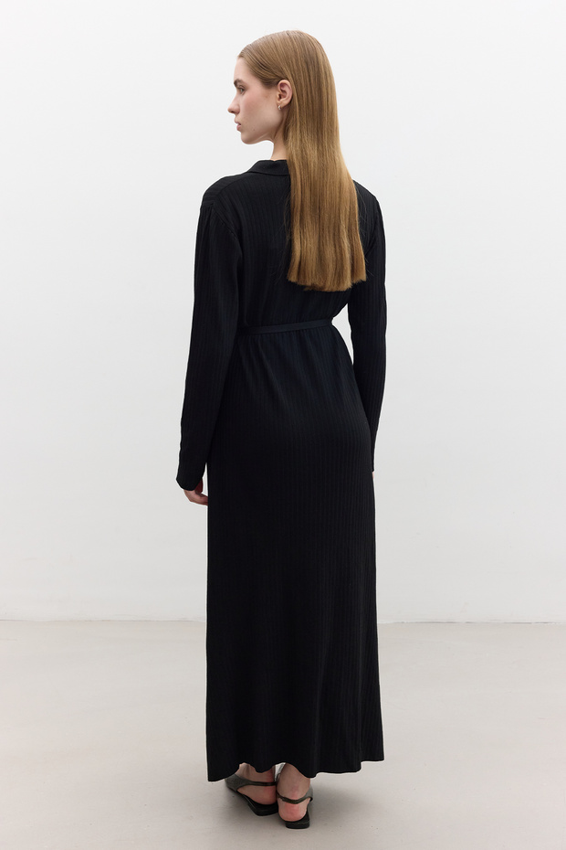 YAKALI TRİKO ELBİSE SİYAH - 6