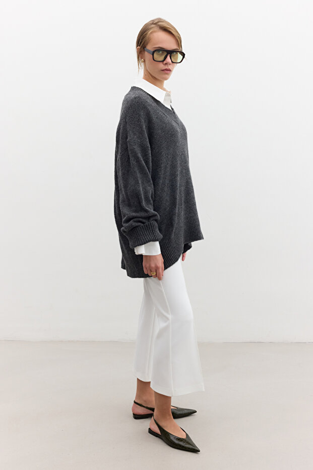 Strickpullover mit V-Ausschnitt – einfarbig gestrickt, Anthrazit - 6