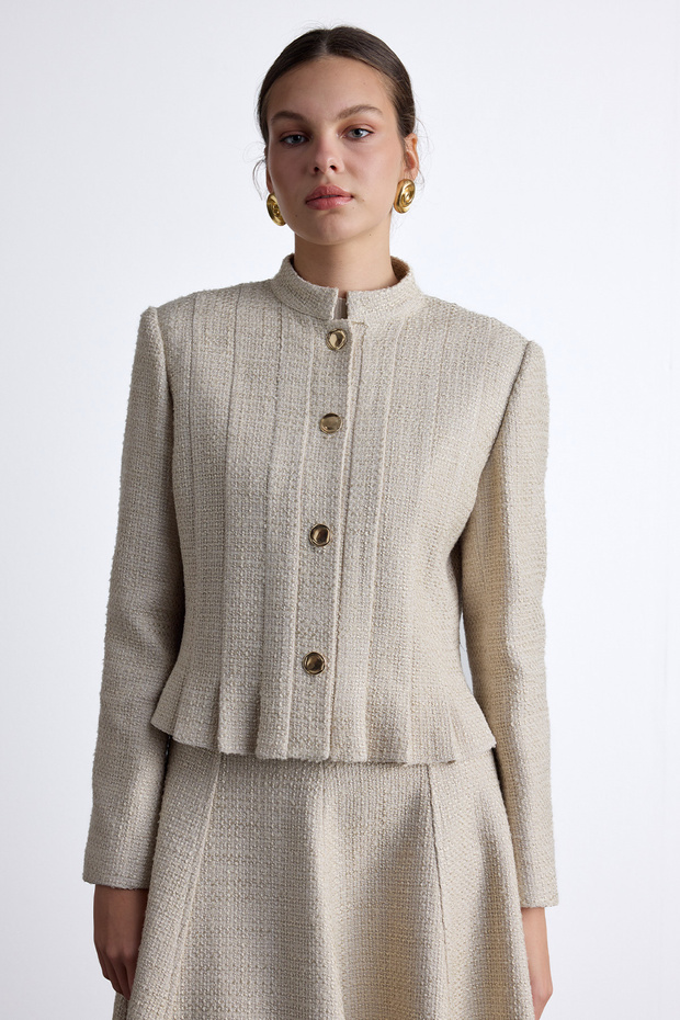 Beige Textured and Buttoned Jacket - 5