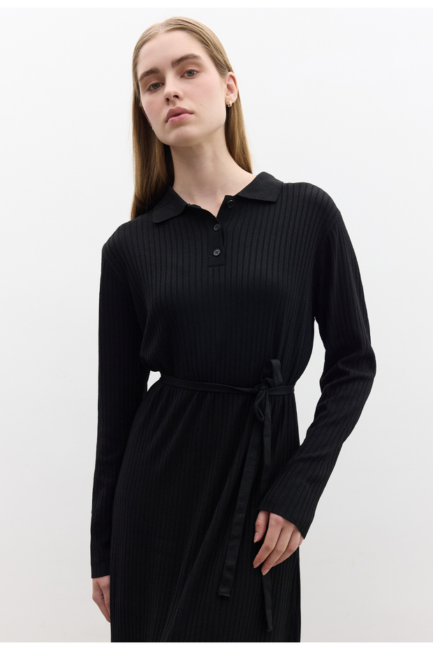 YAKALI TRİKO ELBİSE SİYAH - 2