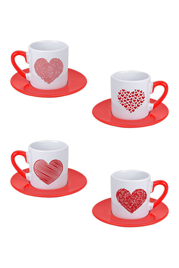 Heart Shapes Printed Red 4-Piece Porcelain Turkish Coffee Cup Set