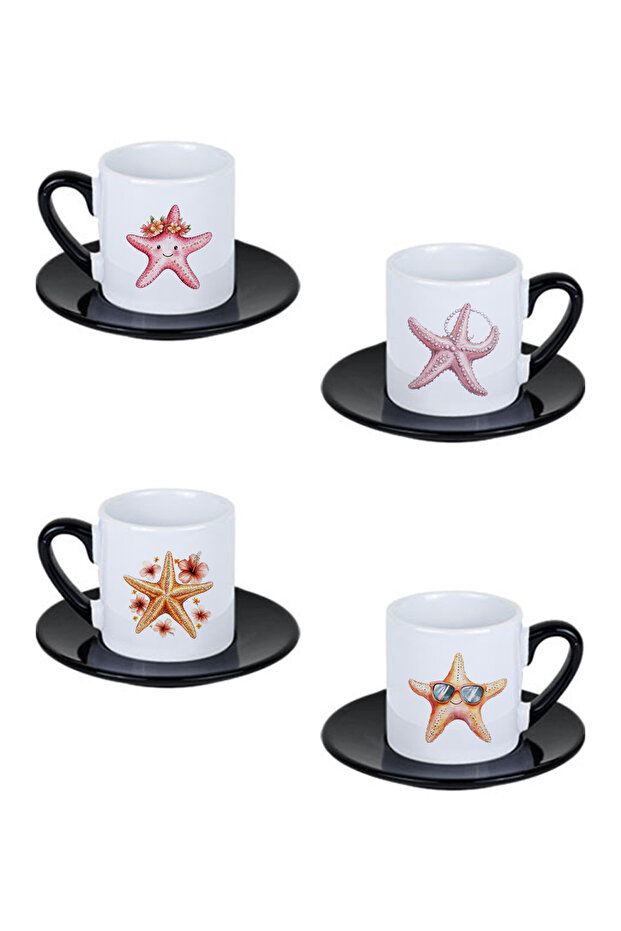 Colorful Starfish Printed Black Set of 4 Porcelain Turkish Coffee Cups