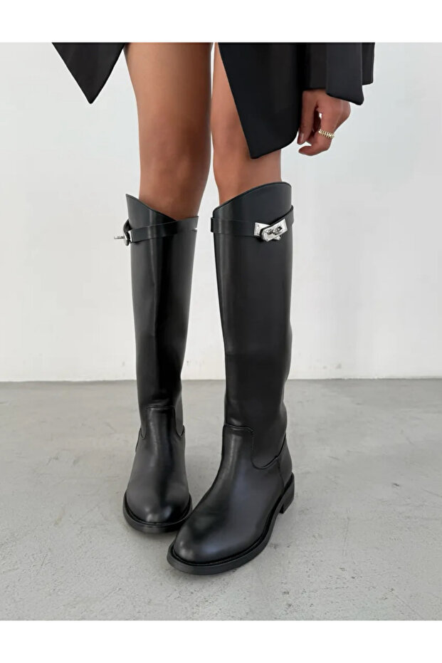 Rider Model Buckle Detailed Black Women's Boots