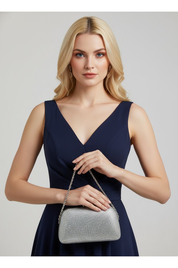 Silver and Janjan Color Stone Pearl Detailed Chain Handle Women's Evening Dress Bag Wedding Engagement Graduation