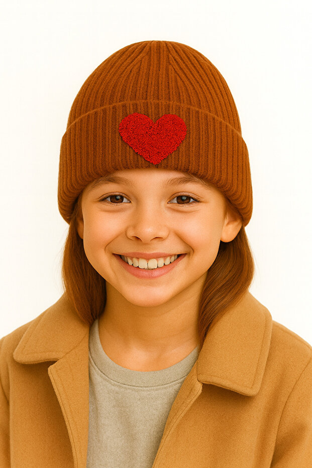 Brown Children and Teenagers Beret Red Heart Punch Pattern Luxury Wool Hat Christmas Gift