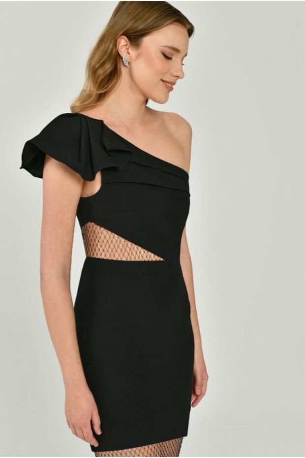 KADIN ABİYE TEK OMUZ ÜST YAN VE ETEĞİ TAŞLI FİLE ELBİSE - 2