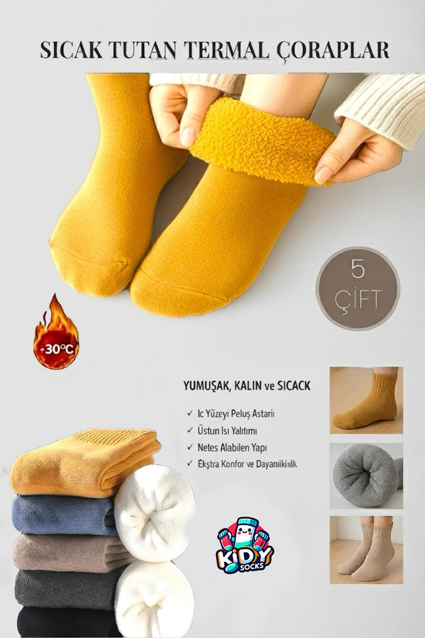 Set of 5 Winter Thermal Colored Towel Socks