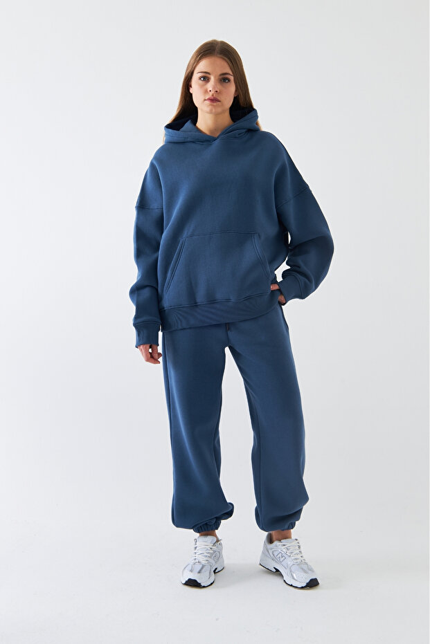 Oversize Unisex Tracksuit Set Navy – Basic, 3 Thread Fleece; Hooded Top, Elasticated Bottom