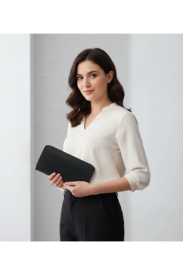 Black Zippered Large Size Women's Handbag and Wallet