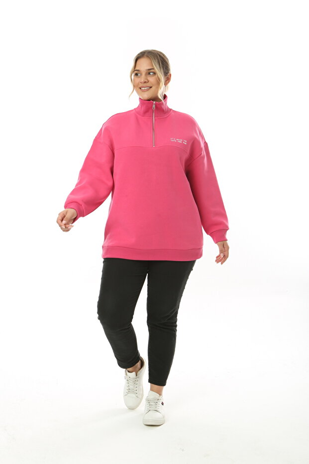 3 Thread Inside Fleece Zippered High Collar Slogan Printed Oversized Sweatshirt Fuchsia - 4